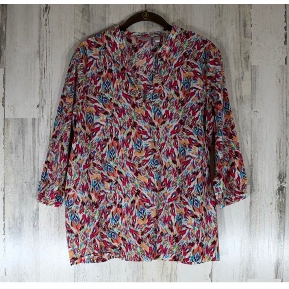 Chicos Tunic Top Size 2 Large Multicolor Ikat Abstract Split Neck 3/4 Sleeve